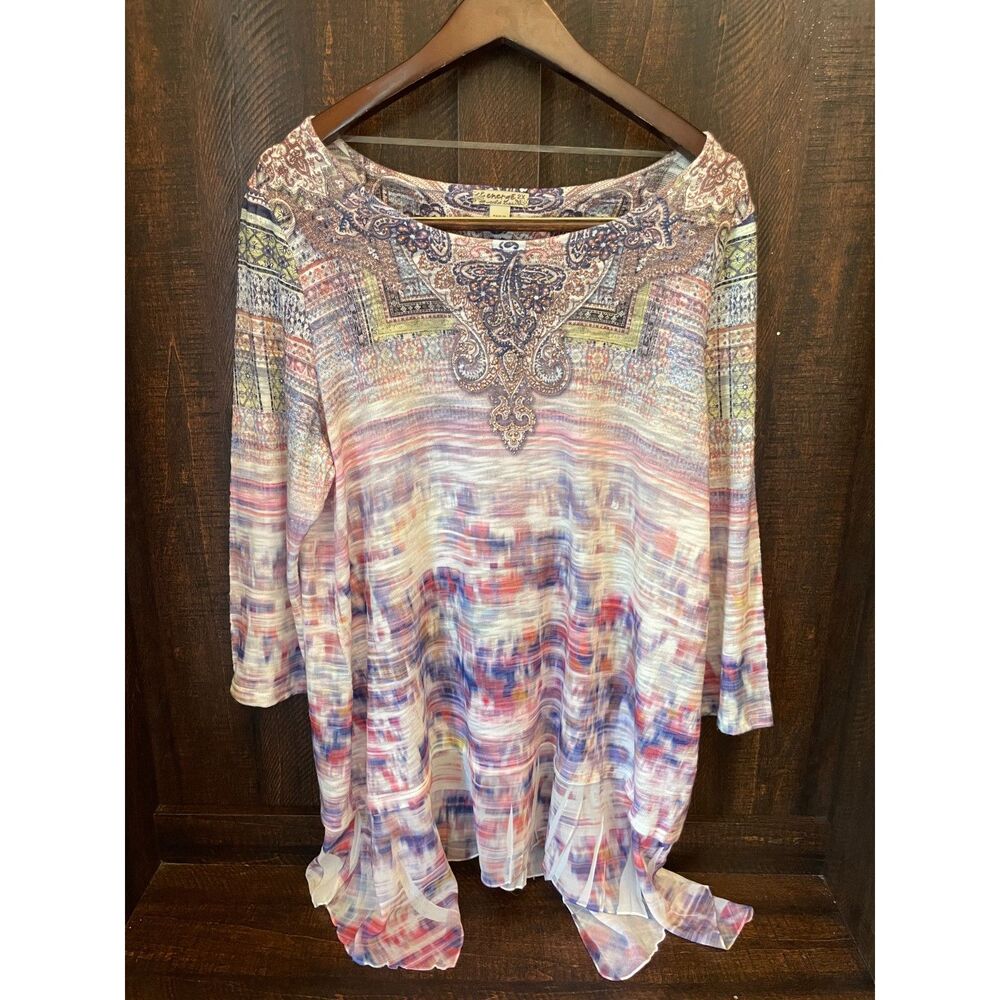 NWT 2X Boho Paisley Rhinestone Tunic Top Flowy Asymmetrical Hem Plus Size